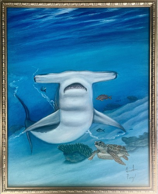 #ad Hammerhead Shark And Sea Turtle Underwater Oil Painting In Canvas 24”x30” Framed $550.00