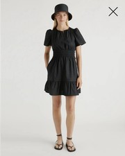 QUINCE Poplin 100% Organic Cotton Tiered Mini Dress Black Large Minimalist