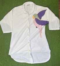 VTG Terry cloth Beach Cover Up L/XL Banana Button Tropical Parrot Sheer Sleeves