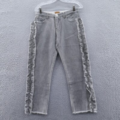 POL Womens Frayed Denim Ankle Straight Leg Jeans Small Gray Floral Crochet NEW