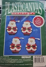VTG Bernat JOLLY SANTAS 4 Christmas Ornaments Plastic Canvas Needlepoint Kit NOS