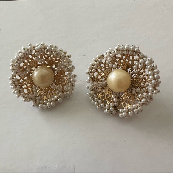 Vintage Clip On Studded Faux Pearl Gold Tone Earrings Old