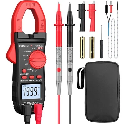 PROSTER Digital Clamp Meter Multimeter 2000 Count AC DC Voltage Current Tester inc Case