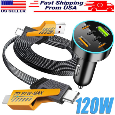 120W Fast Car Charger 4 Port Adapter & Cable For iPhone 16 15 14 13 12 Pro Max