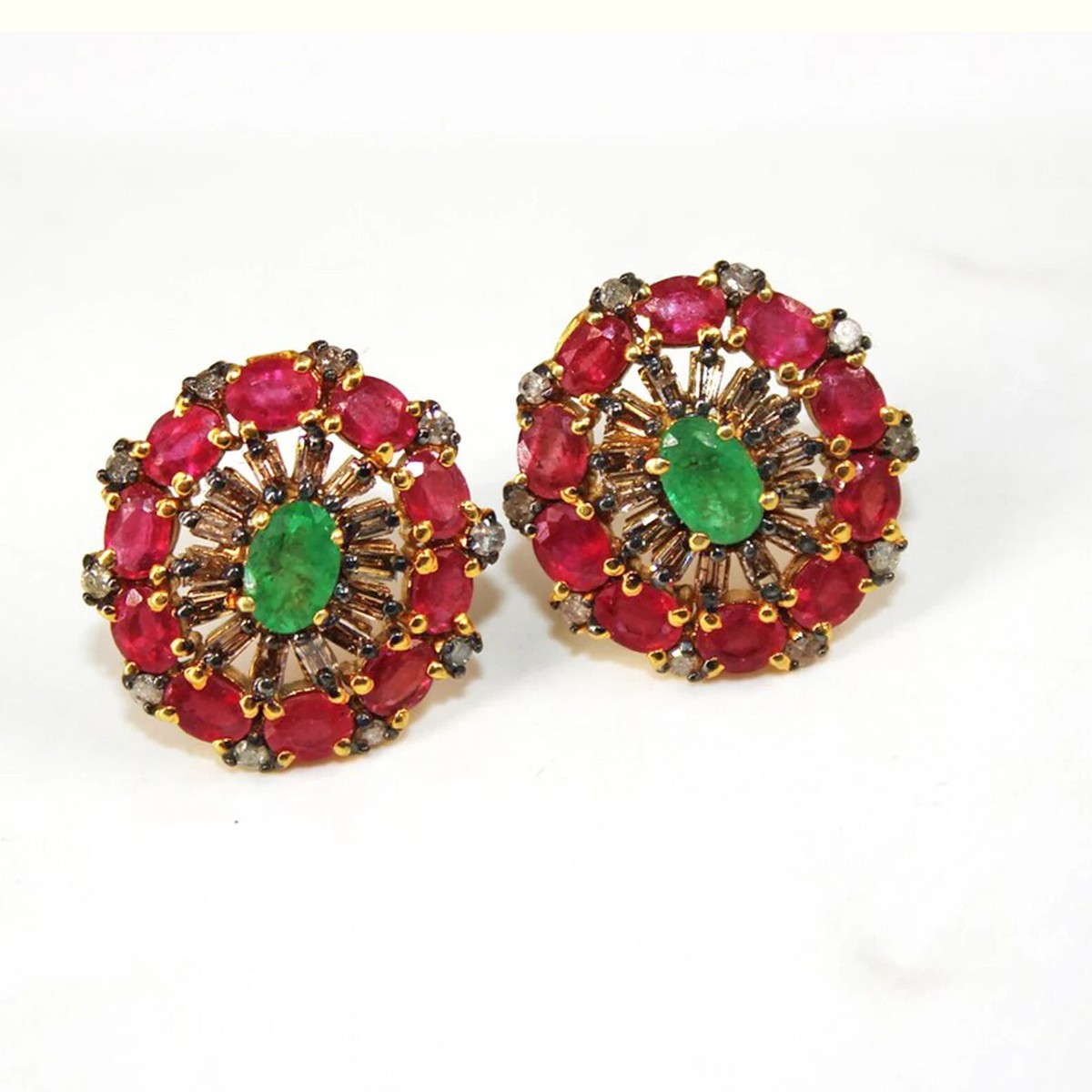 Silver Ruby Red Diamond Earrings, Oval Shape Ruby Emerald Stud, Vintage  Style
