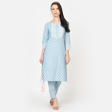 Indian Women Printed Kurta with Pant Cotton Sky Blue Handblock Printed Kurta