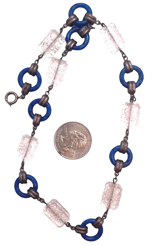RARE Napier Signed Art Deco Sterling Enamel & Intaglio Glass Crystal Necklace