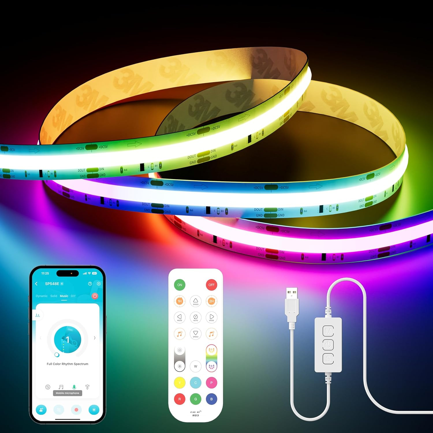 Striscia LED RGB COB 5V USB 3M Smart IC Indirizzabile per Gaming PC TV