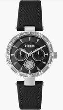New Versace Versus Silver / Black Rhinestone Bezel Leather Strap Watch