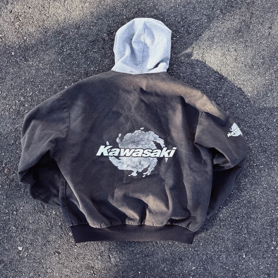 Chaqueta de bombardero de motocicleta Kawasaki vintage con capucha para hombre grande negra EE. UU. abotonada Foto 2 de 4
