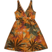 Jams World Sunset Flora Rayon V-Neck Empire Waist Dress Orange Green Floral Med