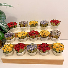 Set Of 15 Mini Potted Paper Flower Faux Roses For Shelf Display