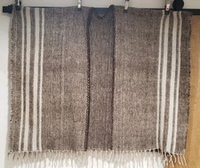 Vintage Brown Striped Fringed Knit Wool Open Front Poncho Cape Unisex 42" Wide