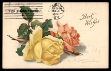 Postcard Best Wishes, Yellow and Peach Roses with Green Leaves