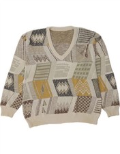 VINTAGE Mens V-Neck Jumper Sweater IT 50 Medium Beige Geometric Cotton DV13