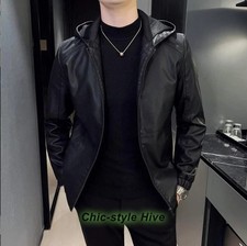 New Men's Hooded Jacket Faux Leather Coat Motorcycle jacket PU Casual Outerwear
