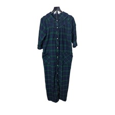 Vermont Country Store Flannel Nightgown S Green Blue Plaid Button Front Pockets