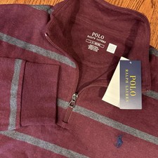 NWT Polo Ralph Lauren Performance 1/4 Zip Pullover Men  s L Maroon Grey Striped