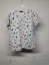 Cassandra O Womens Scrub Top Short Sleeve Medium White Pineapple Pink Yellow