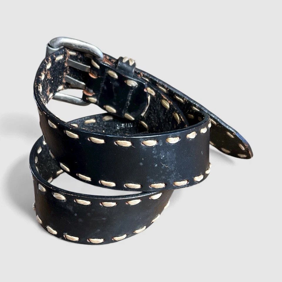 Cinturón De Colección Sick Merona Cuero Negro Contraste Cordones Destruido Motociclista Dbl Punta S Foto 2 de 4