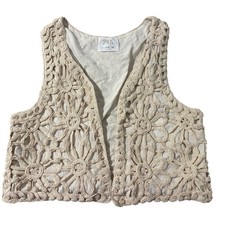 ZARA Girls Cream Floral Crochet Vest Open Front Boho Layering Top Size 13-14 S