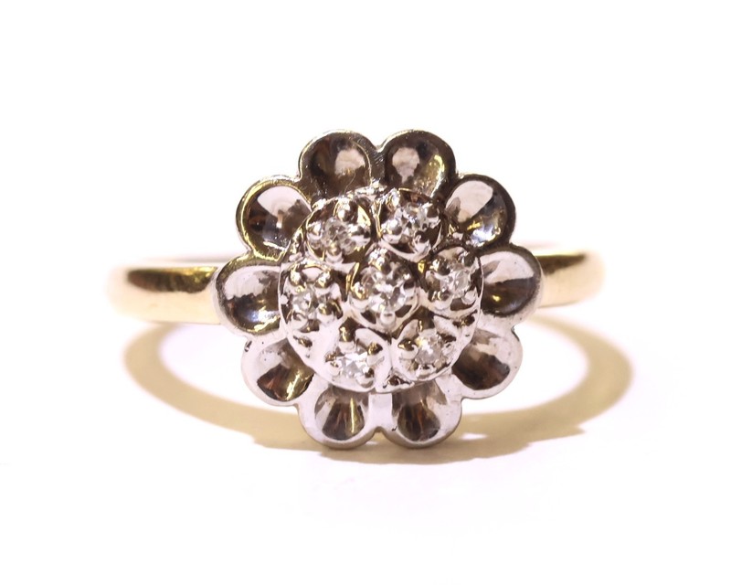 14K Yellow white gold .07ct SI1 H natural diamond Flower cluster ring 3.1g 6.25