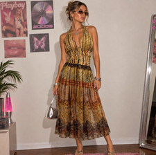 Y2K Morell Maxie 100% Silk Halter Dress Size 12 Sunset Hued Babydoll Boho Fairy