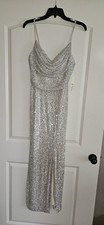 Silver Sequin Drape V-Neck Evening Gown Size 2