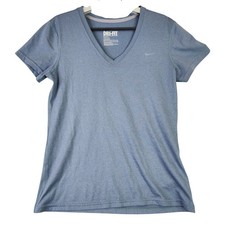 Womens Nike Blue Dri Fit Solid T Shirt Short Sleeve V Neck Polyester Reg Fit M