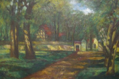 :::SOMMERLICHE PARKLANDSCHAFT NATUR ALLEE LANDSCHAFTSMALEREI MONOGRAMMIERT JVR