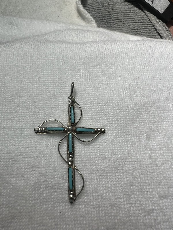 Vintage Zuni Sterling Silver Turquoise 5 Stones Cross Pendant 