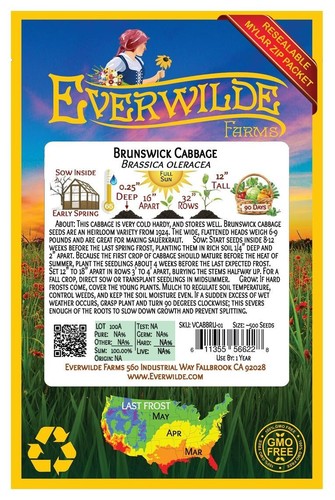 500 Brunswick Cabbage Seeds - Everwilde Farms Mylar Seed Packet - Picture 2 of 3
