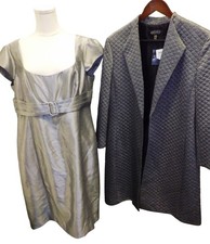 Size 16 Silver Quilted Kasper Jacket Belted Satin Dress Set Womens