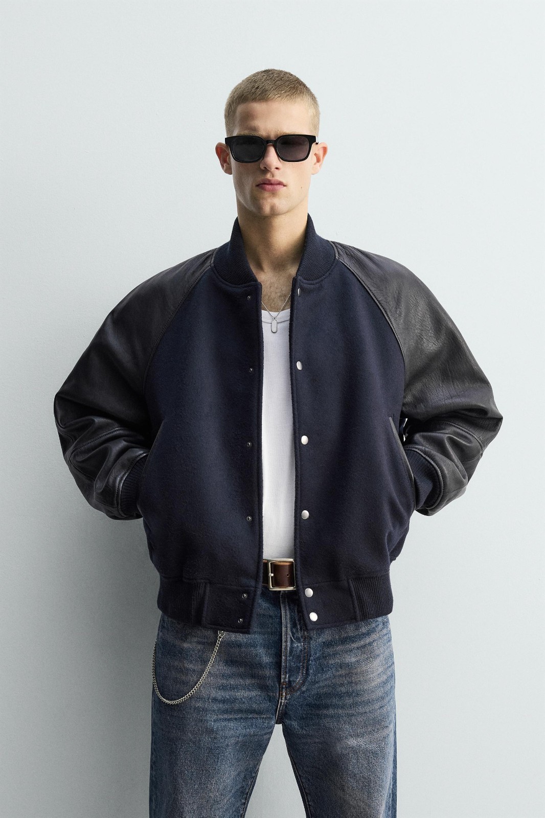 Zara Men's Leather & Wool Blend Bomber Jacket - Dark Navy M