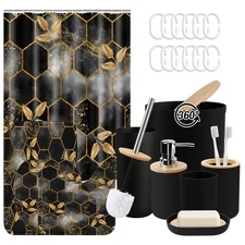 Honeycomb Marble Black Bathroom Decor and Accessories Set, Shower Curtain and...