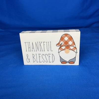 Thankful & Blessed Wooden Block Sign Buffalo Plaid Fall Gnome Thanksgiving Decor
