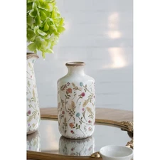D4.3x8.3" Ceramic Cylinder Vase with Multi-Colored Floral Motifs
