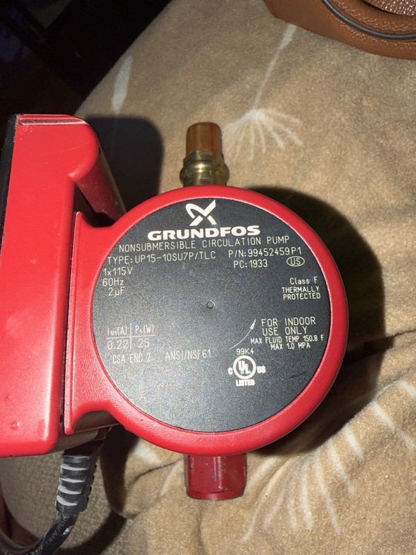 GRUNDFOS Hot Water Circulation Pump Type: UP15-10SU7P/TLC 115V