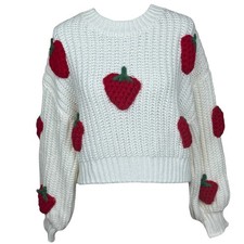 Cream Chunky Knit Crochet Strawberry Sweater Women One Size Crop Balloon Sleeve