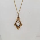 Vintage Gold Tone Opal Pendant Necklace Ornate Teardrop Art Deco Jewelry 16"