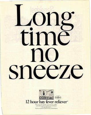 CONTAC Long time no sneeze Hay Fever Reliever Magazine Print Ad 1960s AD052