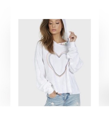 Lauren Moshi Womens Dita Rainbow Heart White French Terry Hoodie