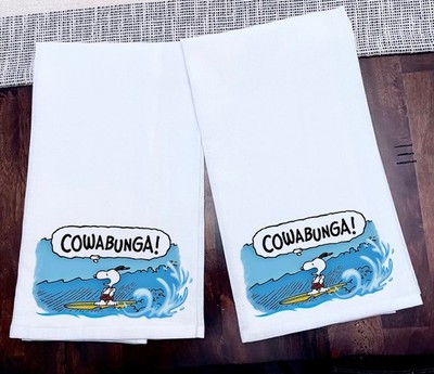 Kitchen Towels Snoopy Cowabunga Tea Towels Set of 2 Ink on 100% Cotton 28x28 New