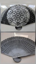 Vintage Folding Wood Hand Fan Black Silver Victorian Formal Decorative Geometric