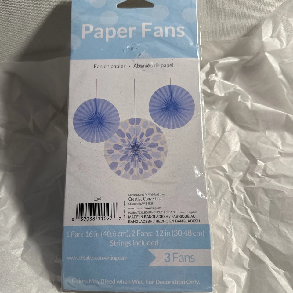 Pastel Blue Polka Dot & Solid Paper Fans 3 Pack 1 16" & 2 12" Decorations - Image 2 of 3
