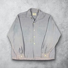 Vintage 50s Pilgrim Loop Collar Faded Rayon Long Sleeve Shirt Blue Size Large