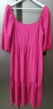 Womens Fashion Square Neck Puff Sleeves Long Dress Loose Pink Magenta UK12 40 L
