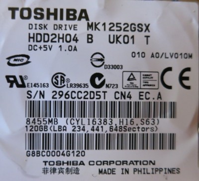 Toshiba MK1252GSX HDD2H04 120GB SATA-300 5400RPM 8MB 2.5