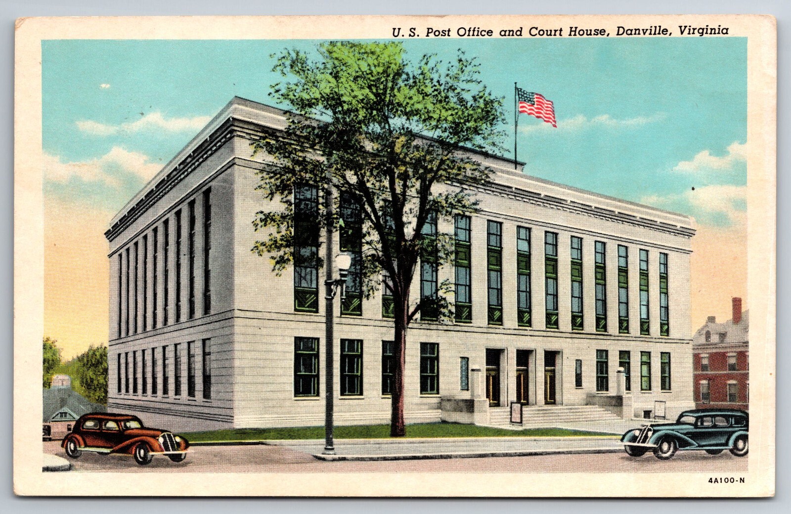 Vintage Postcard VA Danville U.S. Post Office Old Cars -5729