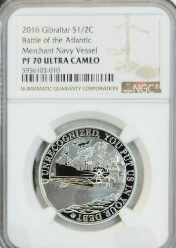 2016 GIBRALTAR SILVER 1/2 CROWN MERCHANT NAVY VESSEL NGC PF 70 ULTRA CAMEO POP 1